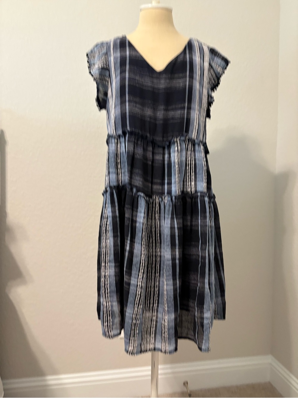 THML Navy & Light Blue Striped Tiered Sundress